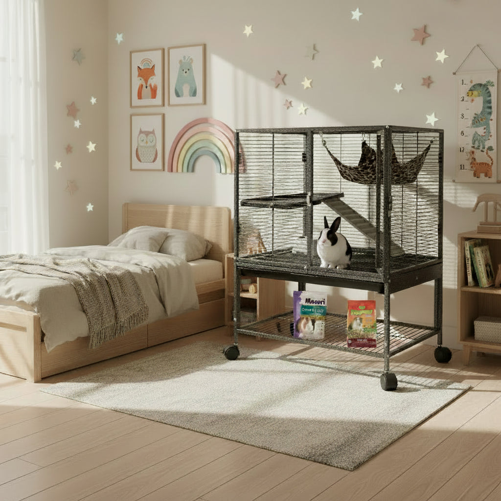 Pet cage with a hammock, food bags, and rabbit in a child's bedroom.