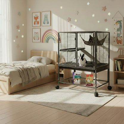 Pet cage with a hammock, food bags, and rabbit in a child's bedroom.