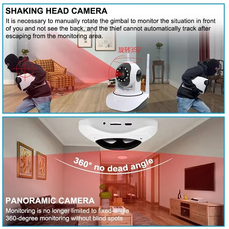 Security camera system with shaking head and panoramic features in a home setting.
