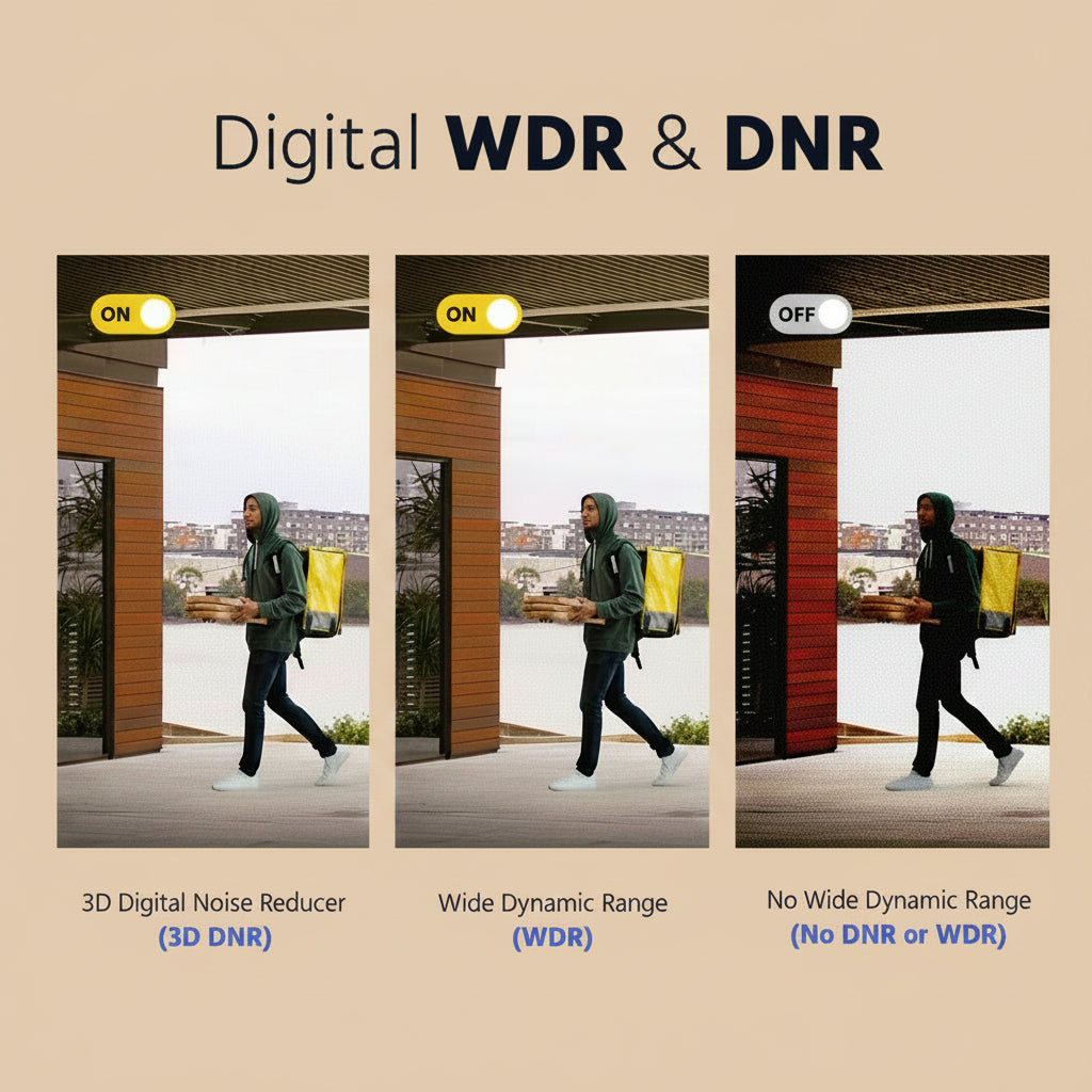 Comparison of 3D Digital Noise Reducer, Wide Dynamic Range, and No Wide Dynamic Range on a person walking outdoors.