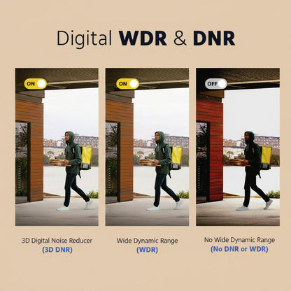 Comparison of 3D Digital Noise Reducer, Wide Dynamic Range, and No Wide Dynamic Range on a person walking outdoors.