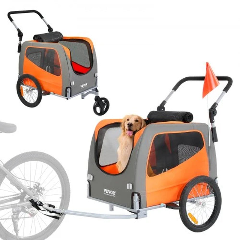 Dog Bike Trailer, Supports up to 66 Lbs, 2-In-1 Pet Stroller Cart Bicycle Carrier, Easy Folding Cart Frame with Quick Release Wheels, Universal Bicycle Coupler, Reflectors, Flag, Orange/Gray