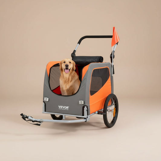 Orange and gray dog bike trailer with a dog inside, attached to a bicycle on a beige background.
