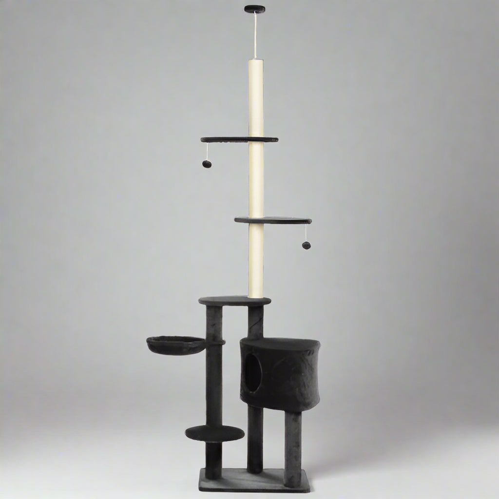 Cat tree with multiple levels, perches, and a hammock on a white background
