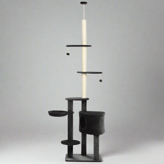 Cat tree with multiple levels, perches, and a hammock on a white background