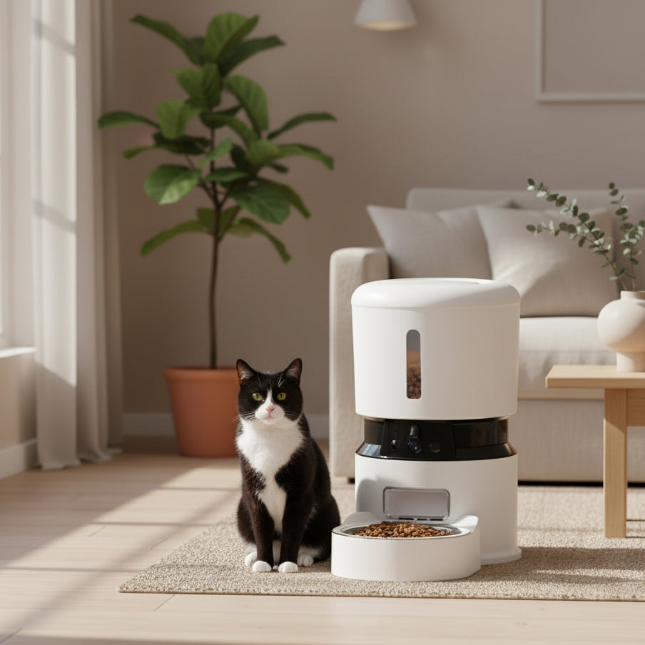 Cat sitting next to a white automatic pet feeder with camera.