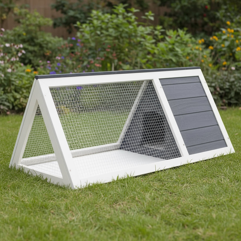 Animal Cage Grey and White Fir Wood, Plywood, Iron Wire Medium