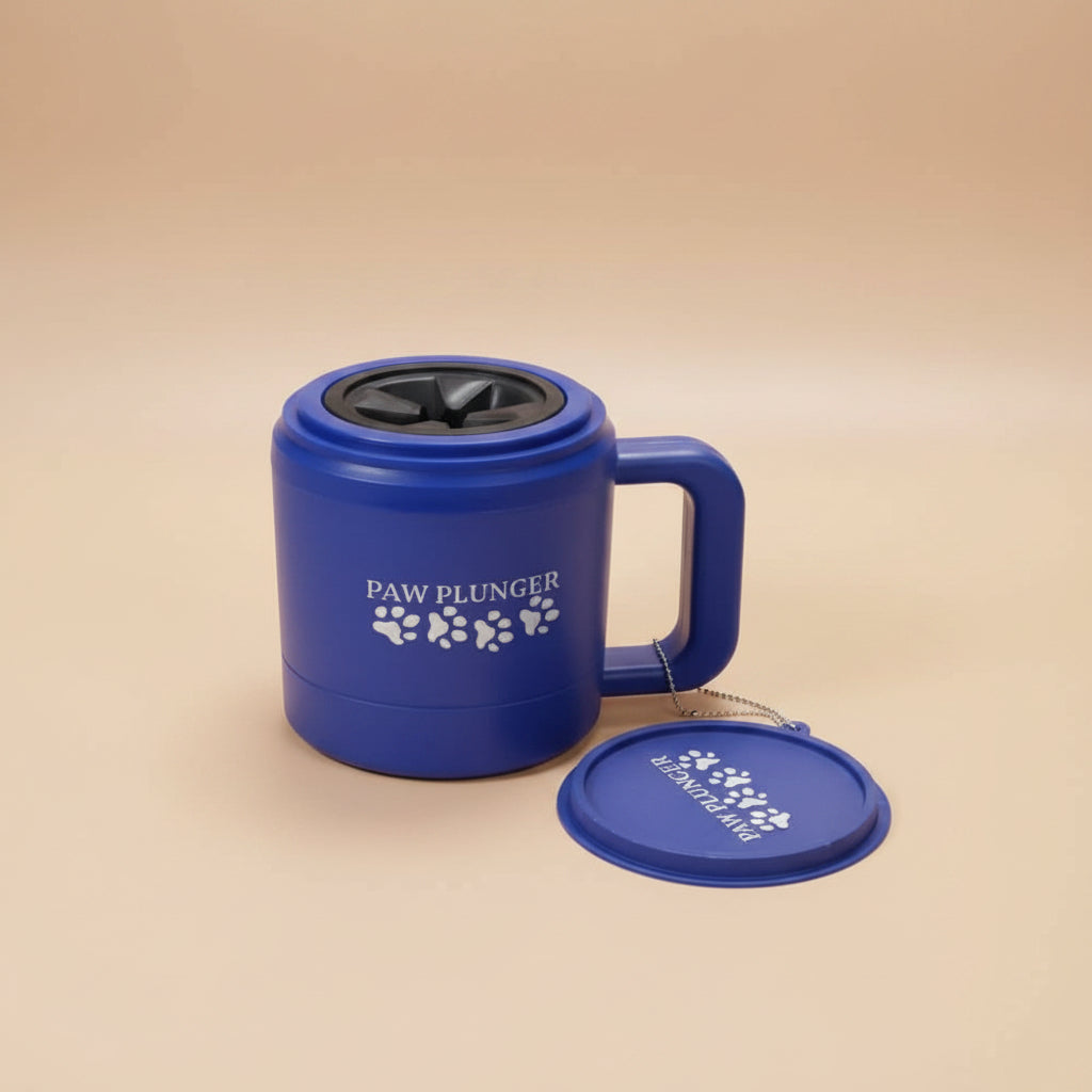 Blue paw plunger with handle & cap on a beige background