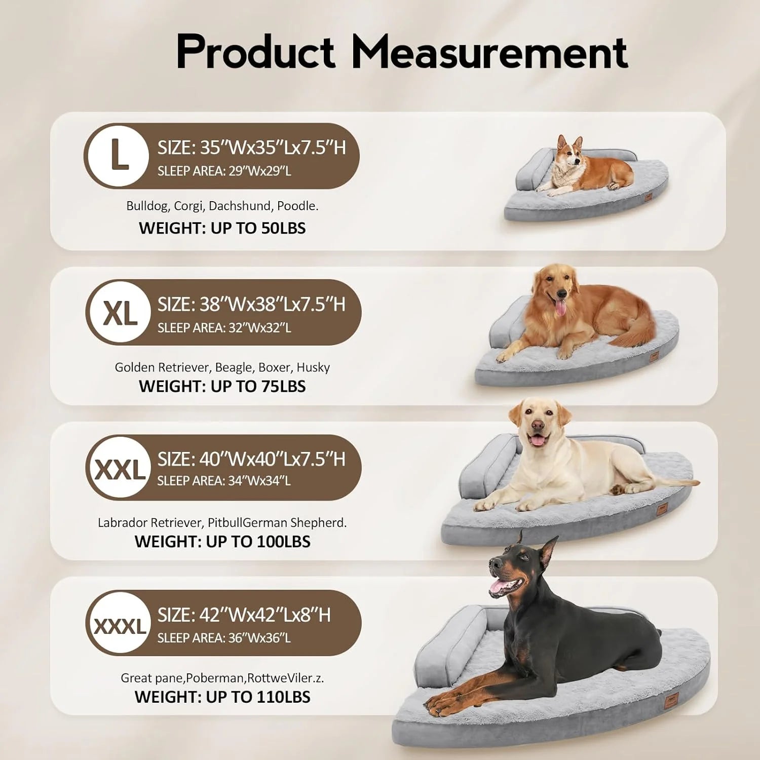 Product measurement chart for dog beds with size options and corresponding dog breeds.