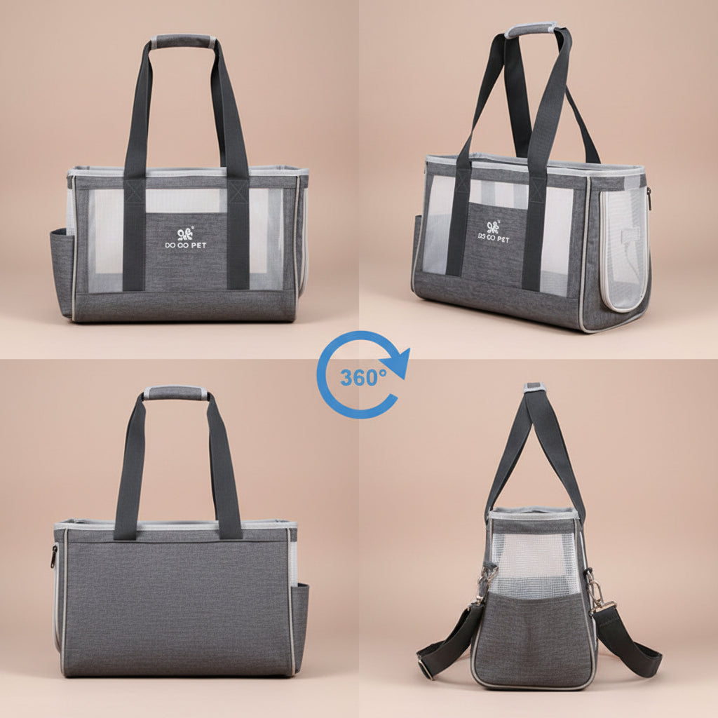 360 degree view of Gray pet carrier with mesh sides and handles, shown from multiple angles on a beige background.