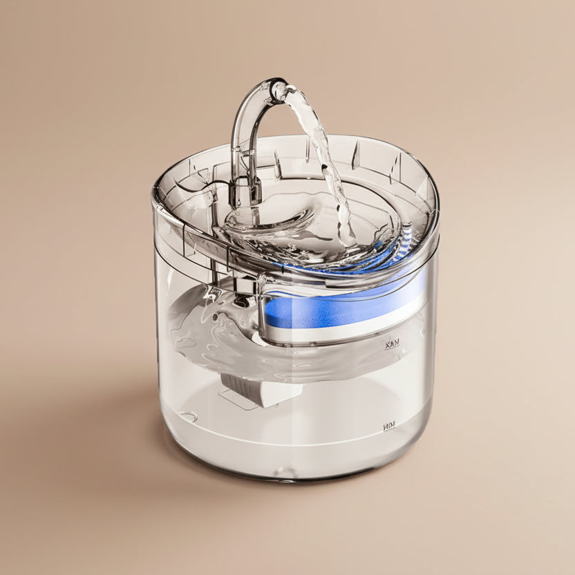 Clear pet water fountain on a beige background