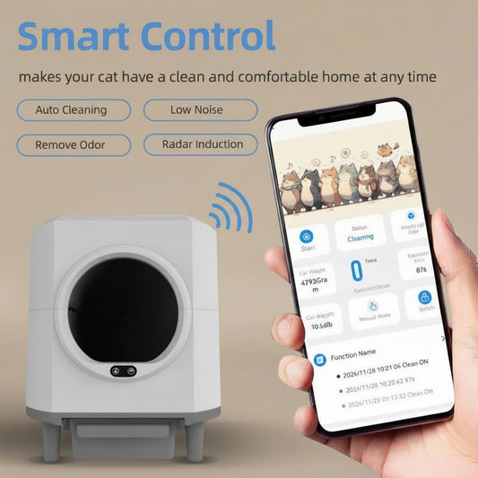 Smart pet litter box with smartphone app and cat on a light background