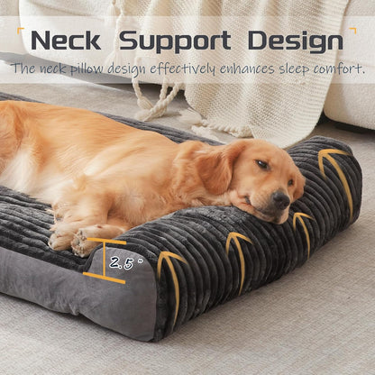 Dog lying on a gray neck support design pet bed with text highlighting its comfort features.
