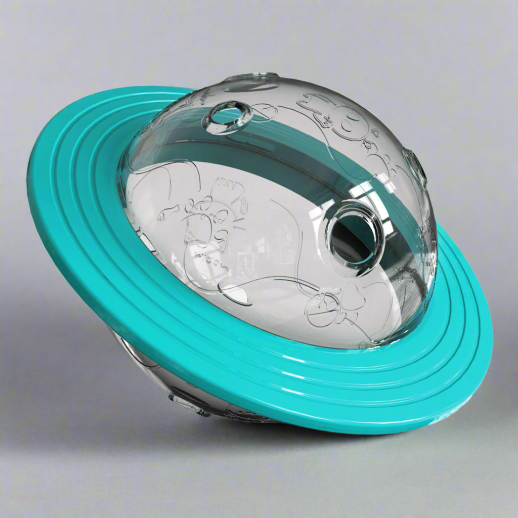 Turquoise and clear pet toy on a white background