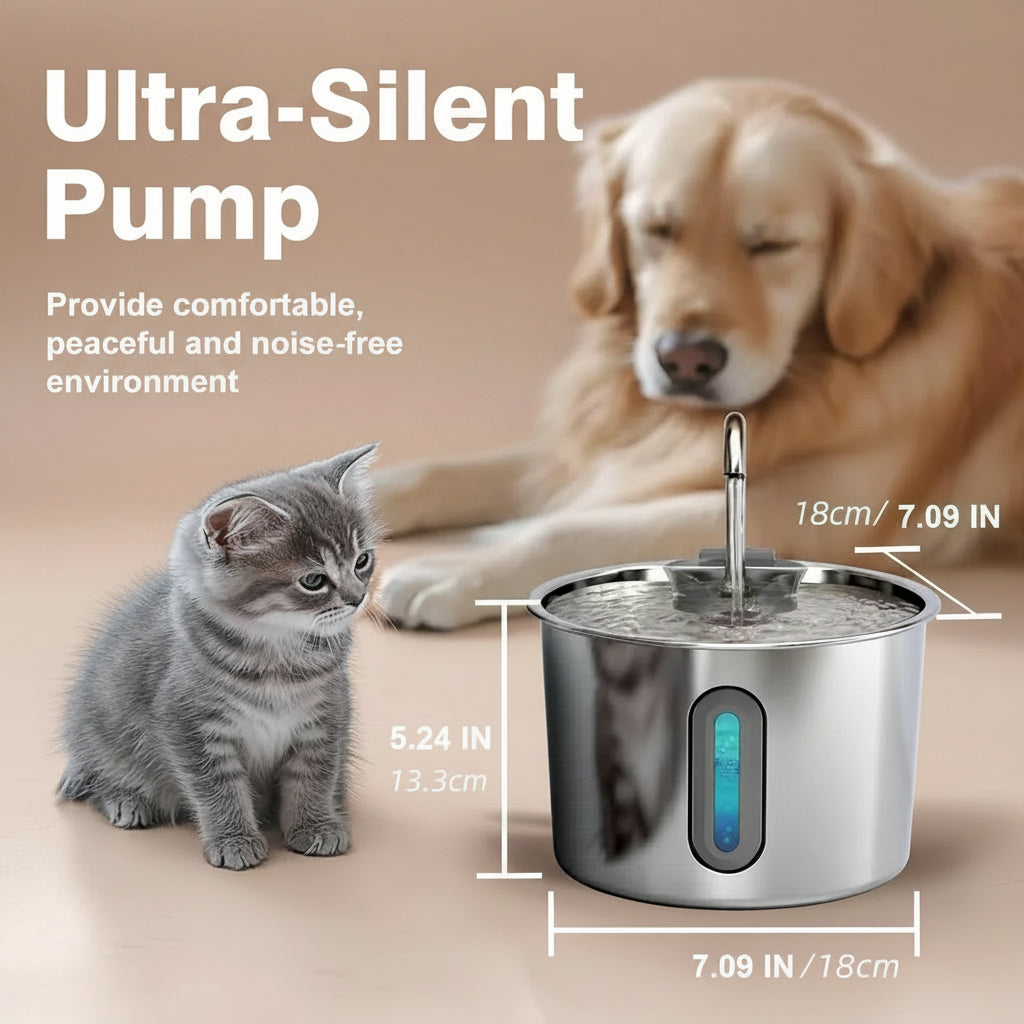Stainless steel pet water fountain with measurements, accompanied by a cat and dog on a light background.