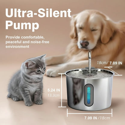 Stainless steel pet water fountain with measurements, accompanied by a cat and dog on a light background.