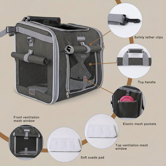 Pet carrier with safety tether clips, top handle, front ventilation mesh window, elastic mesh pockets, and soft suede pad features.