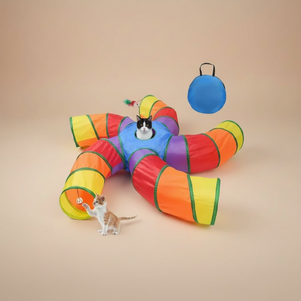 Colorful cat toy tunnel with a blue storage bag on a white background.