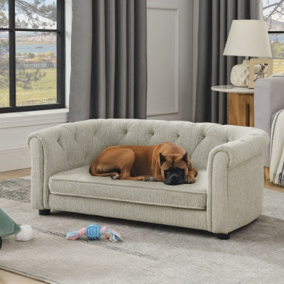 Contemporary Pet Sofa with Arc-Shaped Backrest - Breathable Linen Dog Couch with Button-Tufted Design
