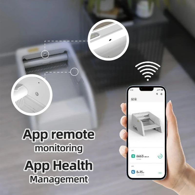 Smart litter box with app remote monitoring and health management on a blurred background