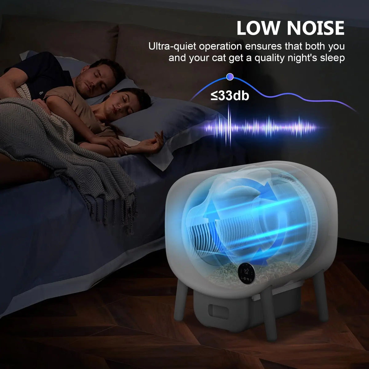 People sleeping in bed with a white noise machine on a nightstand, emphasizing low noise operation.