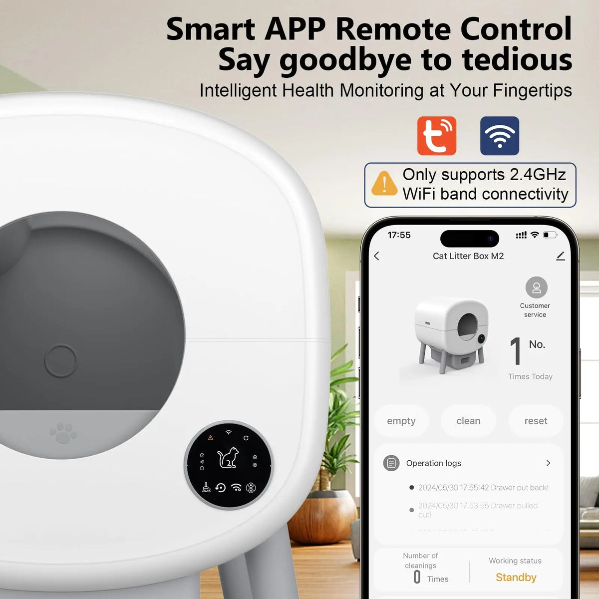 Smart pet litter box with app interface on smartphone, emphasizing remote control and health monitoring.