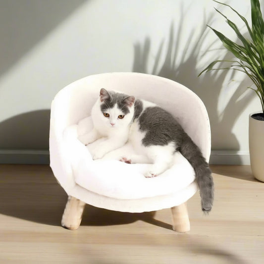 Luxury Cat Bed Soft Warm Plush Fabric Pet Nesting Chair Bed Stool Wood Legs with Cushion Pad Washable Waterproof for Small Pets
