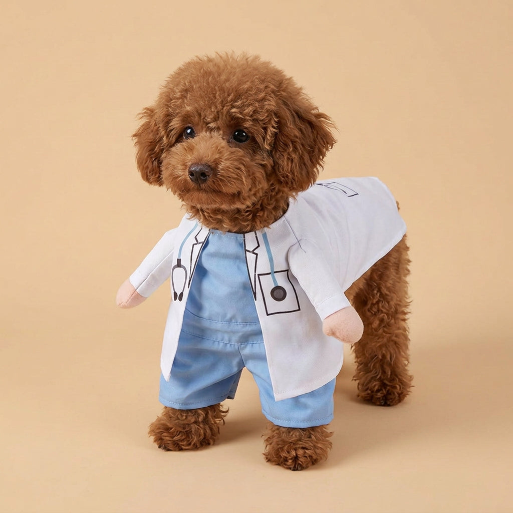 A dog doctor costume shown on a small real dog. The costume includes a white lab coat & blue scrubs.