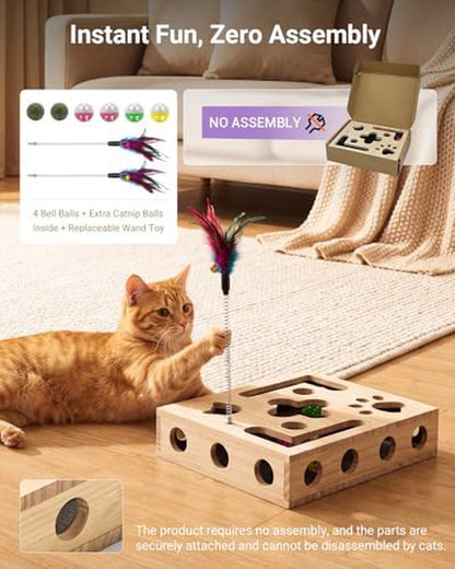 Cat Toys for Indoor Cats - Cat Nail File Box with Interactive Cat Toys, 2026 Upgraded Cat Puzzle Feeder Scratch Puzzle Toy for Indoor Cats, Natural Claw Care with 2 Wand Toys&Catnip Ball&4 Bell Ball