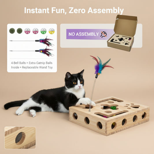 Cat playing with a wooden toy on a carpeted floor, with text indicating no assembly required.