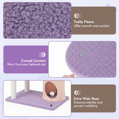 Cat tree with purple cushioned surface and text highlighting features like fleece material, curved corners, and wide base.