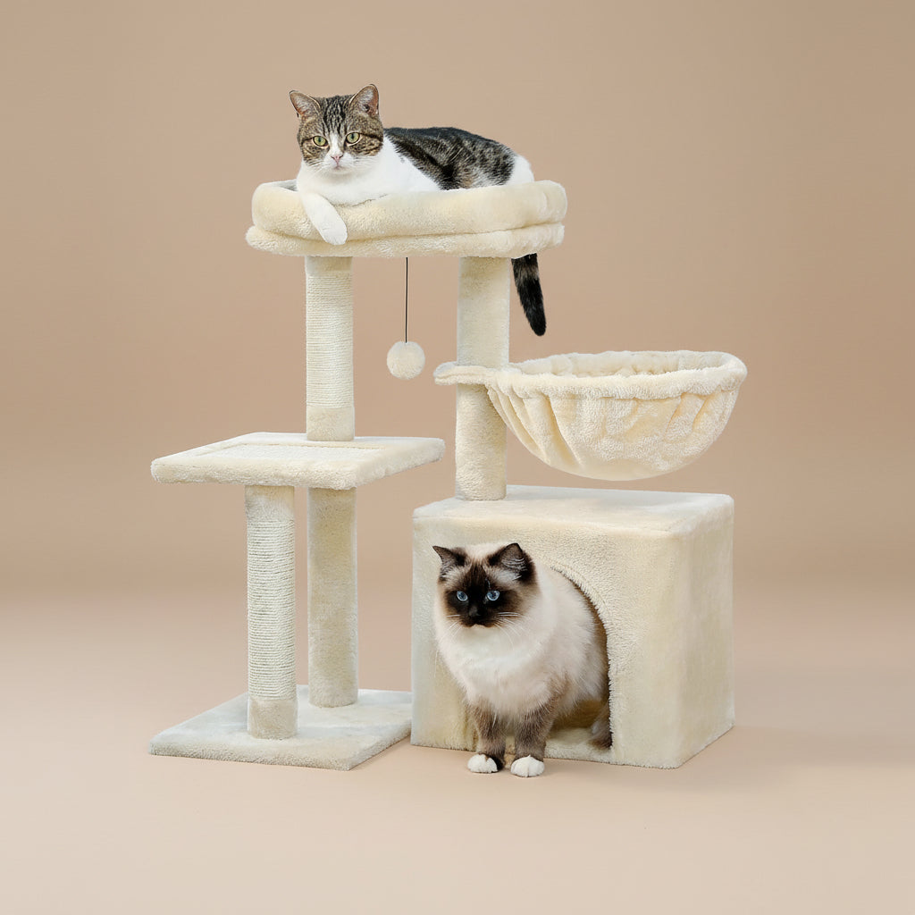 Cat tree with two cats on a beige background