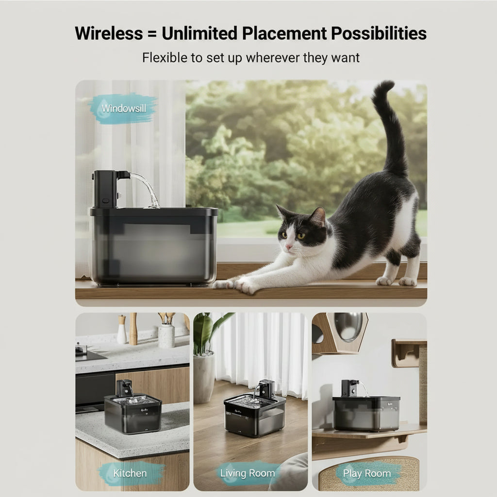 Cat drinking from fountain on a windowsill  with other placement options shown.