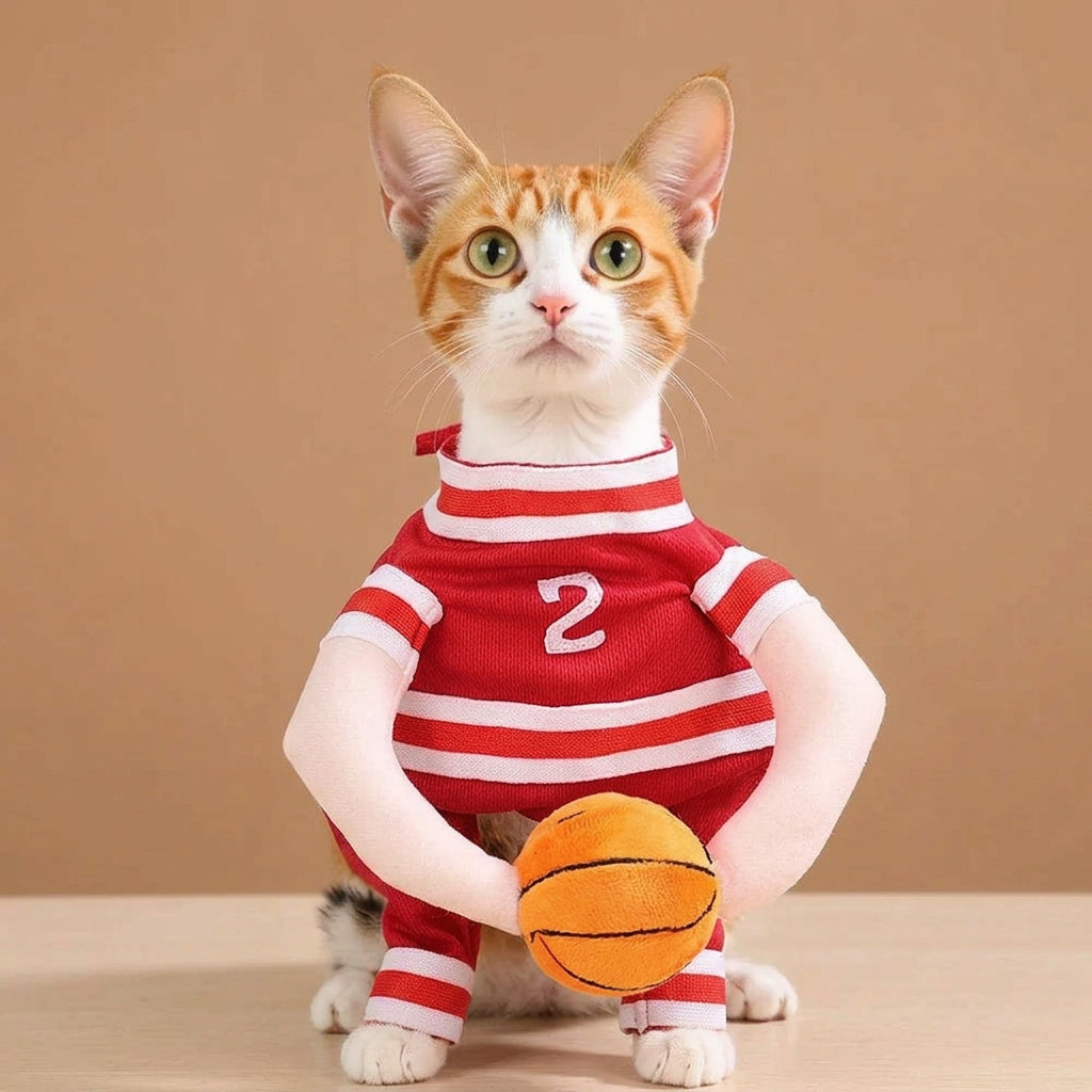 An orange and white cat wearing a red and white striped pet sweater with the number 2, holding a small orange basketball toy, sitting on a woven mat.