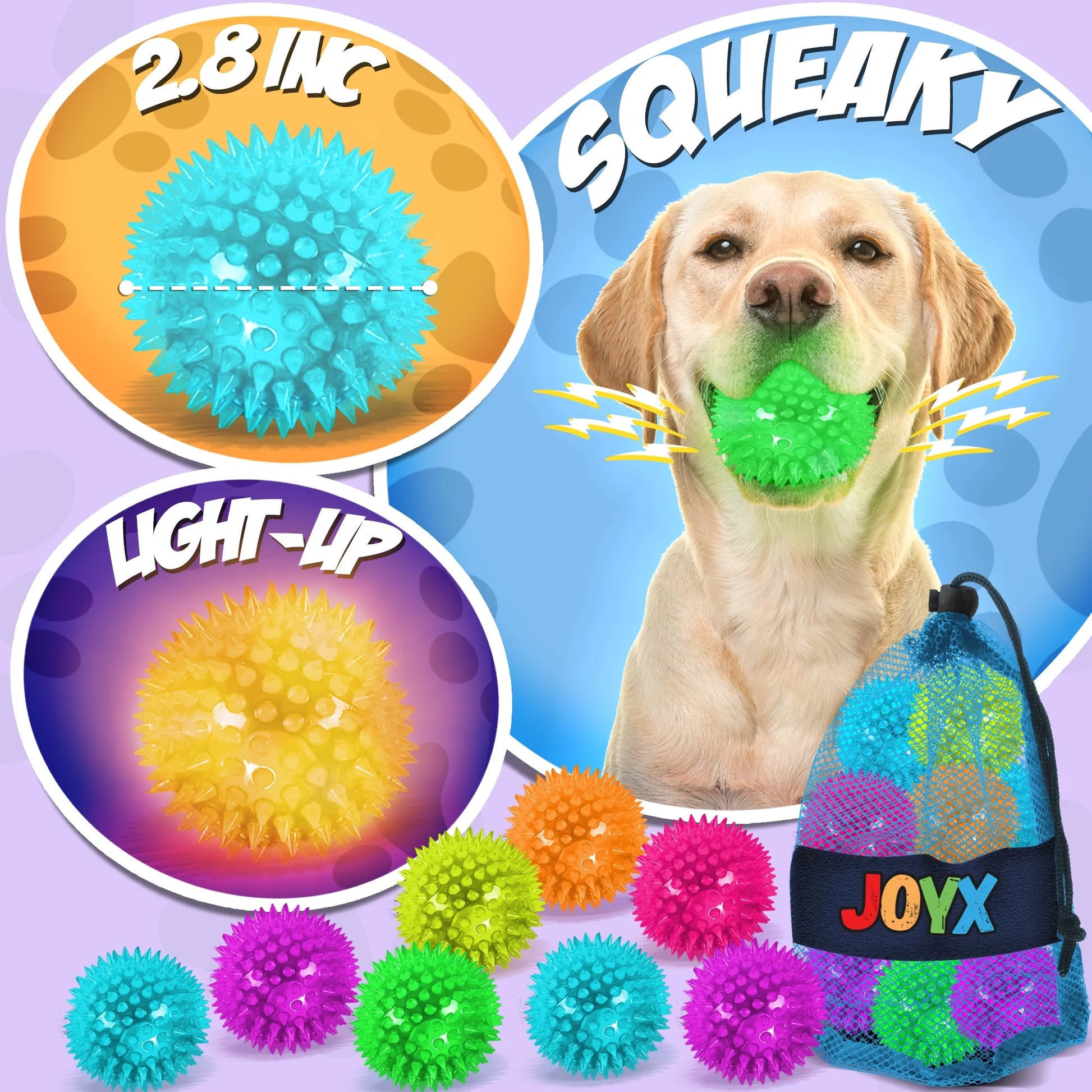 Squeaky Dog Toys LED Light-Up Balls 8 Pack with Storage Bag Fun Toys for Kids, Dogs and Cats Gifts