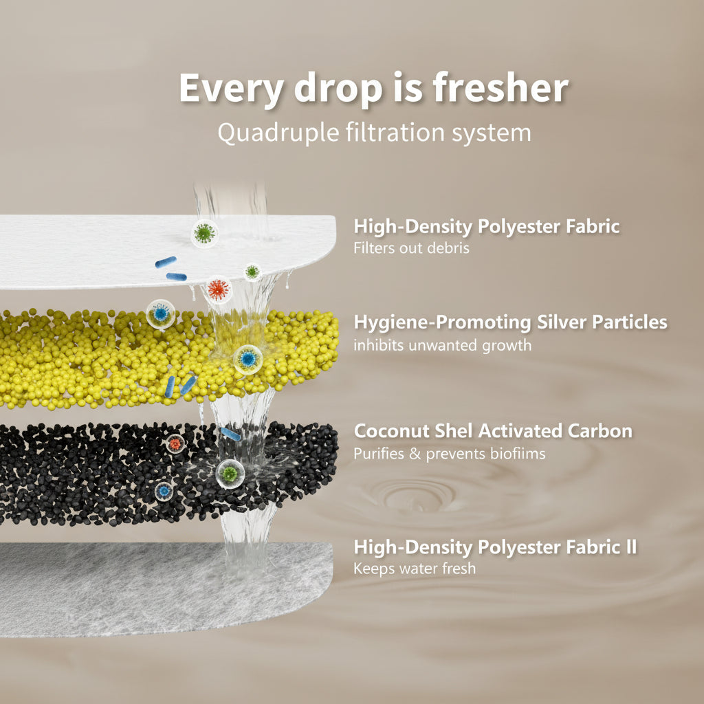 Diagram of a quadruple filtration system with text describing each component.