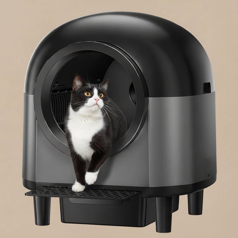 Cat standing inside a modern litter box with smartphone app display.