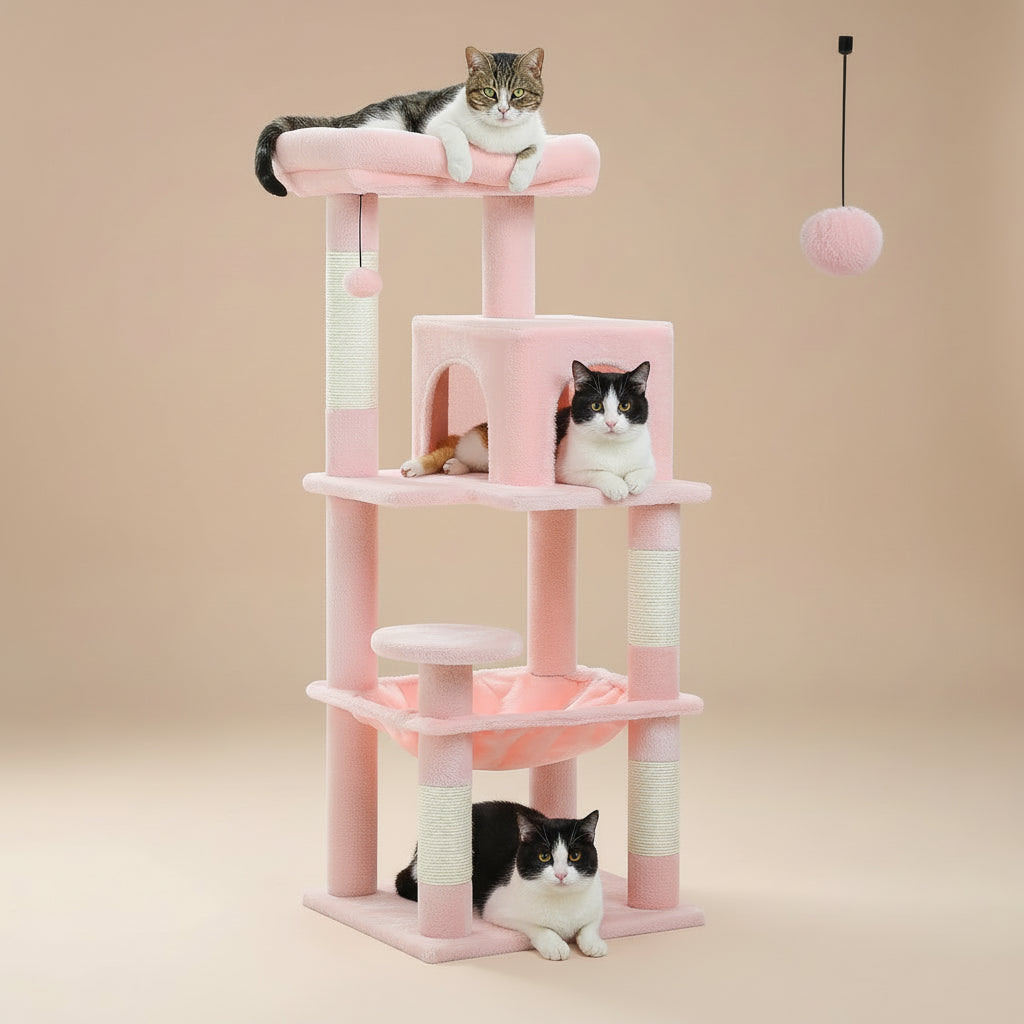 Pink cat tree with multiple cats on different levels