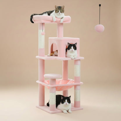 Pink cat tree with multiple cats on different levels