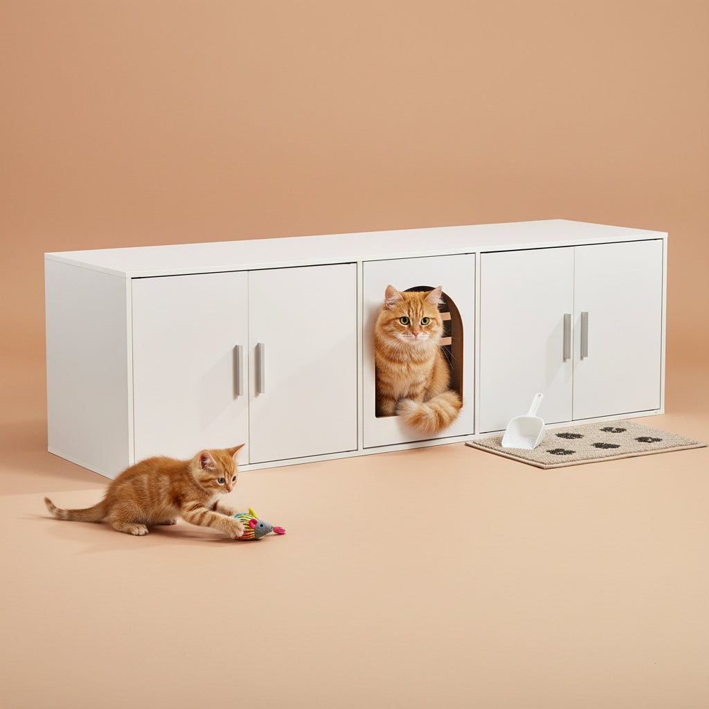 White cabinet with a cat door on a beige background