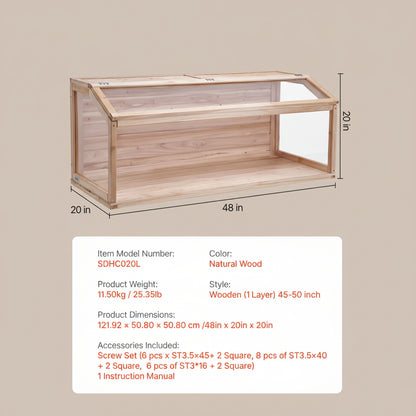Wooden display case with dimensions and product details on a white background