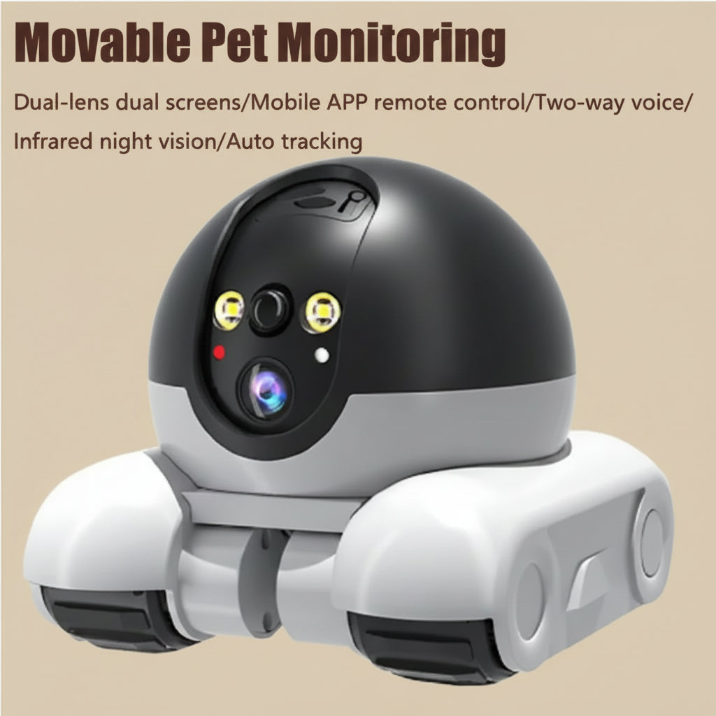 Robot Camera with 'Moveable Pet Monitoring' listing all features on a beige background.