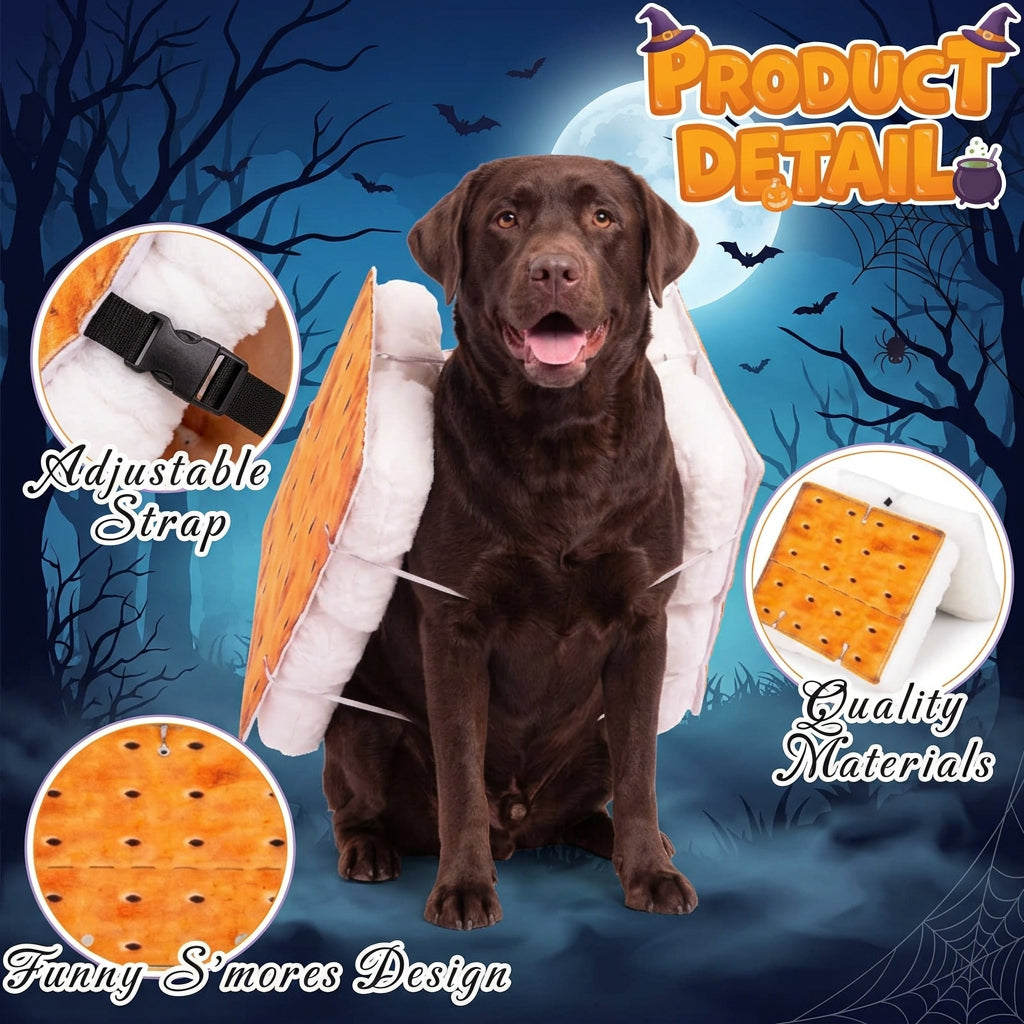 A chocolate Labrador retriever wearing a white and orange s'mores-themed costume vest with inflatable cracker wings, shown on a decorative Halloween-themed product detail background with inset detail circles labeled adjustable strap, quality materials, and funny s'mores design.