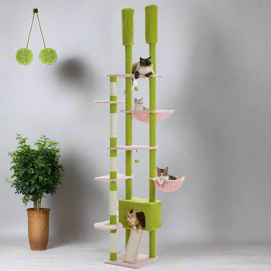 Cactus Cat Tree Floor to Ceiling Cat Tower Adjustable Height with Cat Condo Cozy Hammock and Scratching Post Tall Activity Tree