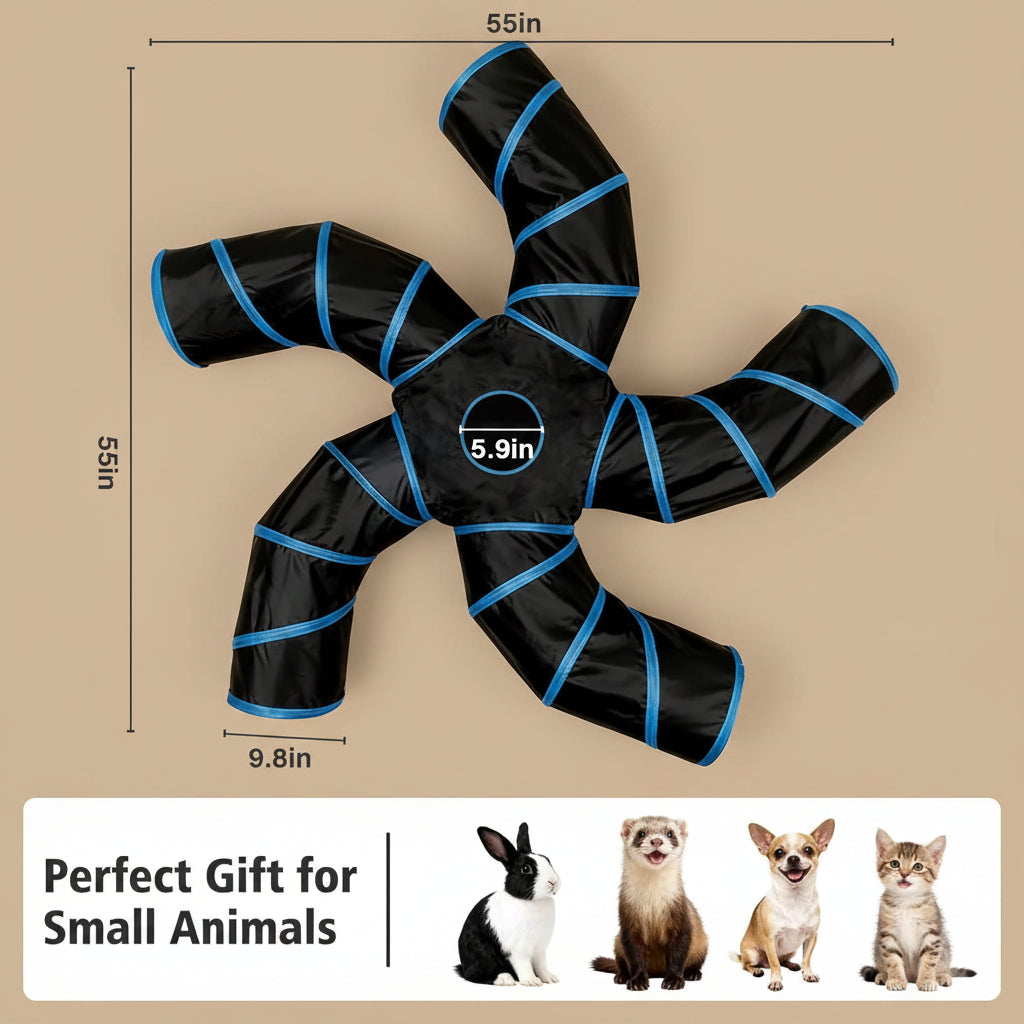 Black and blue pet toy tunnel with dimensions on a light background, suitable for small animals.