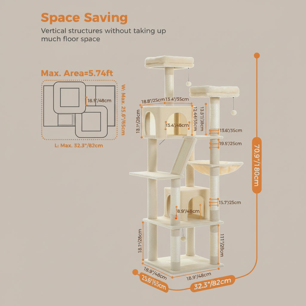 Measurement chart of a space-saving cat tree with dimensions on a beige background