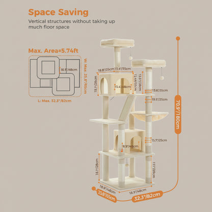 Measurement chart of a space-saving cat tree with dimensions on a beige background