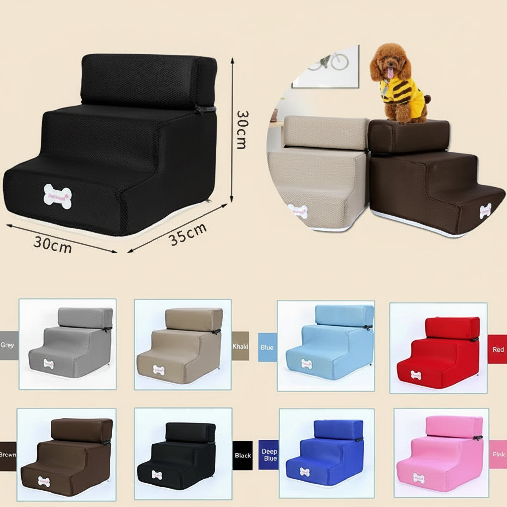 Pet steps with dimensions and color options displayed on a beige background