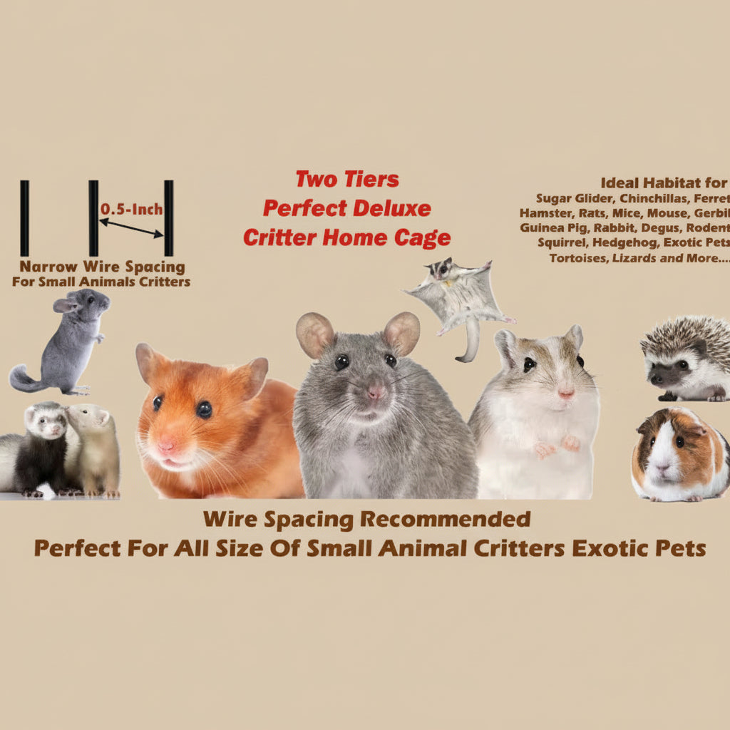 Advertisement for a 'Two Tiers Perfect Deluxe Critter Home Cage' with images of small animals and text detailing its features.