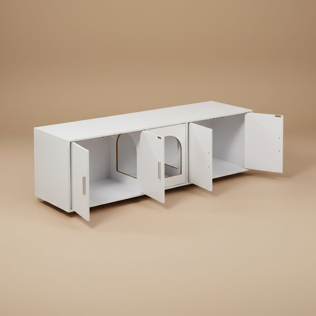 White litter box enclosure cabinet with open doors on a beige background.